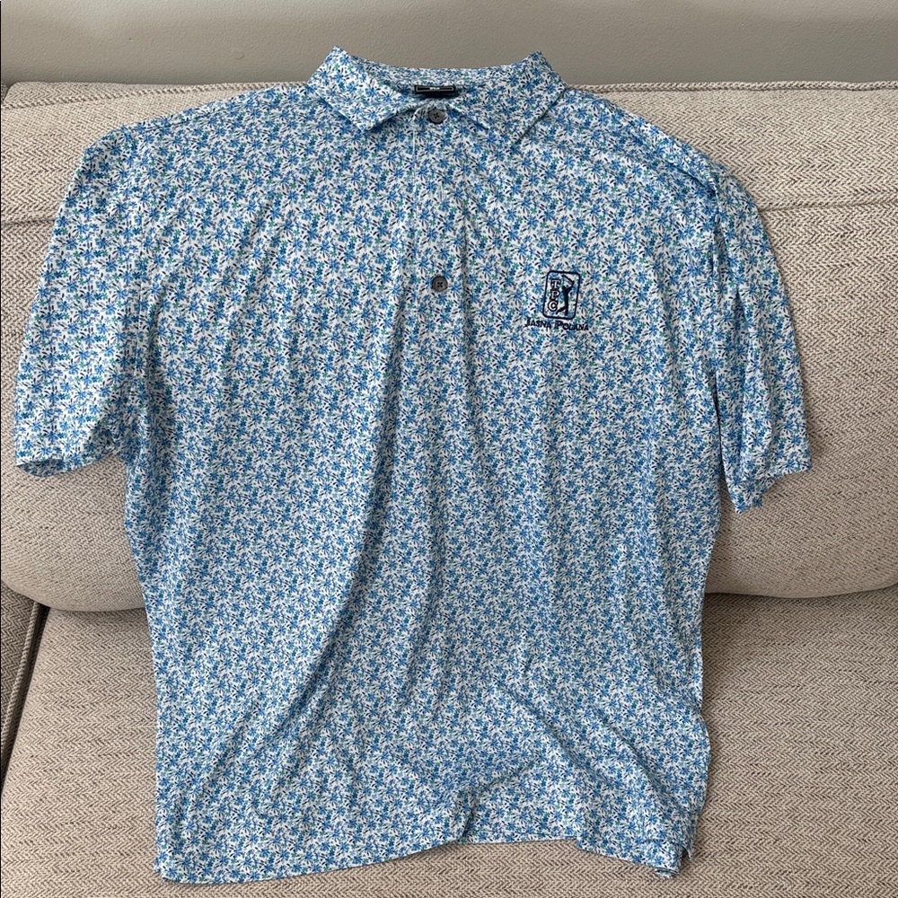 FootJoy Blue and White Patterned Polo Shirt TPC Jasna Polana country club logo